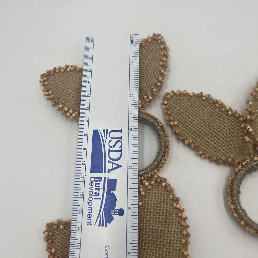 4 Nicole Miller Napkin Ring Easter Bunny Ears Beaded Burlap Tan Set Shabby Chic